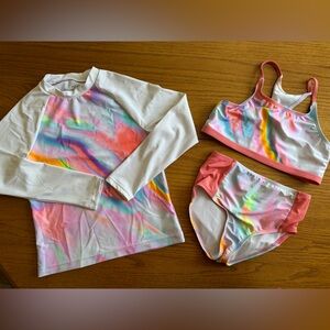 DSG Kids Swim Rashguard 3-Piece Set - White and Rainbow, S/M
